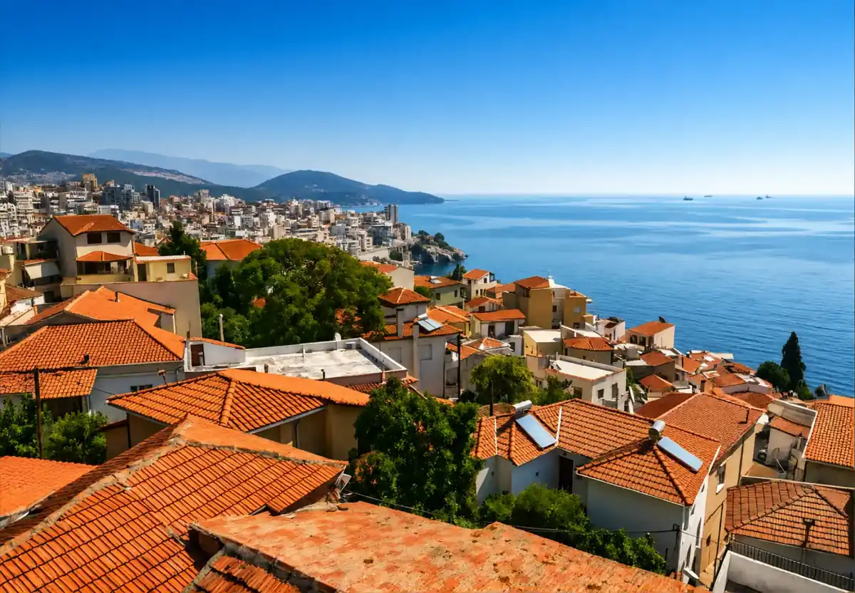 Tiled rooftops of Kavala's old town falling away towards the sea